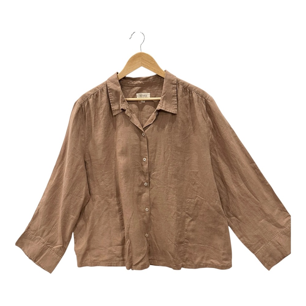 Haven Well Within Brown XL 100% Linen Button Front Blouse Taupe Roll Tab Sleeve